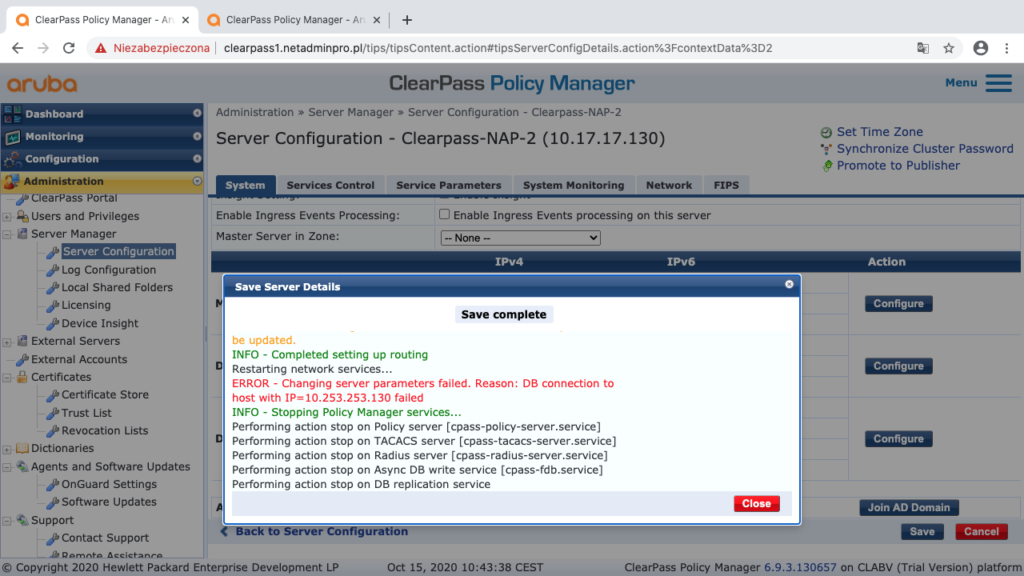 Bład kompunikacji Clearpass2 do Clearpass1