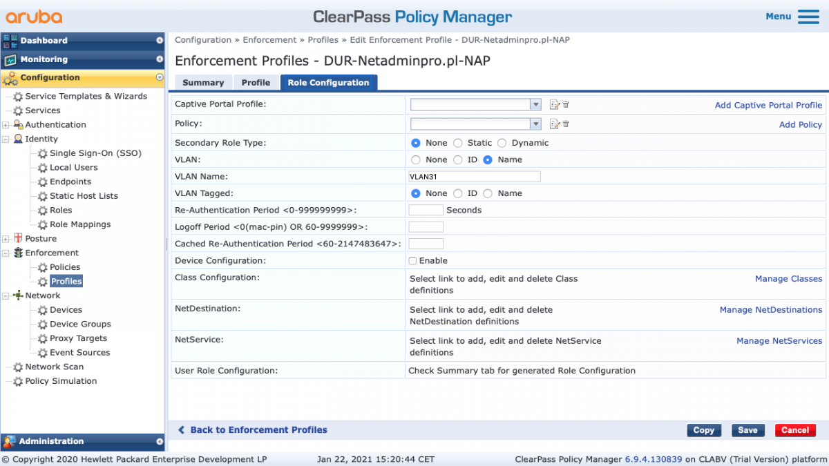 Clearpass 6.9 Downloadable Aruba Role (DUR) - ArubaOS-Switch 10.10