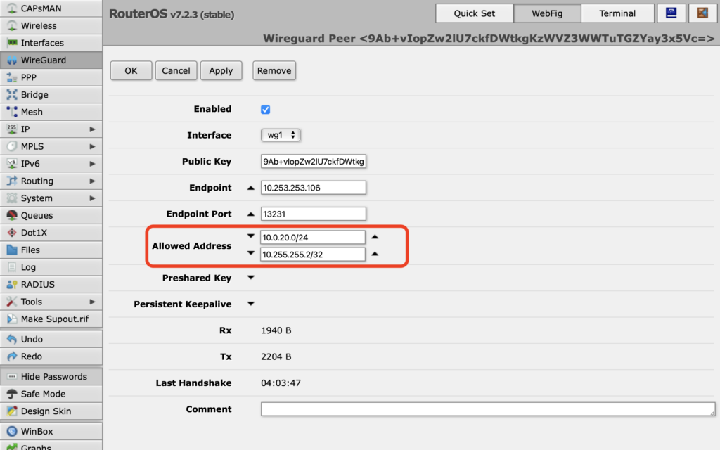 Wireguard Peer Mikrotik1 WG1 - Wireguard Routing Statyczny Zdalny Dostęp i Zdalne Lokalizacje